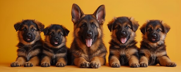 Five German Shepherd puppies lined up against a vibrant yellow background, each showcasing a playful grin.