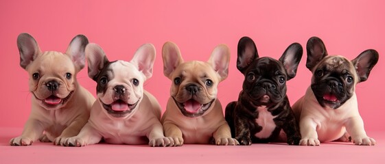 Five French Bulldog puppies posing joyfully on a pink background, showcasing their playful and curious nature.