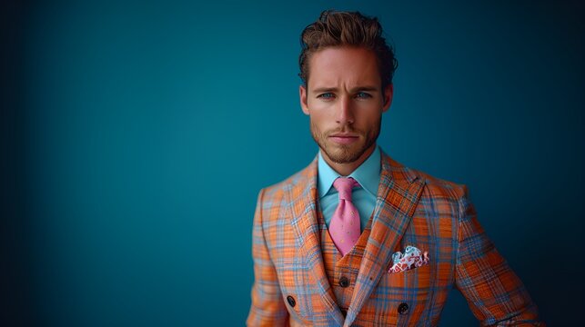 Male   Fashion model - stylish - quirky - idiosyncratic - -colorful - elegant - unique - blue backgroubd 