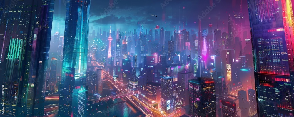 Poster concept art of a megacity with ai - driven urban planning algorithms