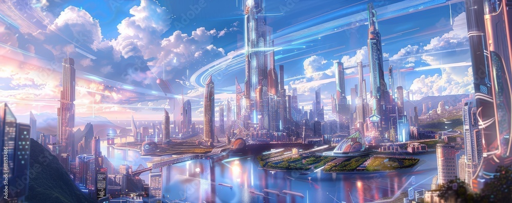 Aufkleber concept art of a megacity with ai - driven urban planning algorithms