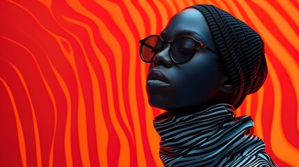 African American female - bright red background - idiosyncratic vibe - psychedelic 