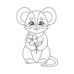 Mouse with flower sitting. Black and white greeting card. Coloring page for kids.