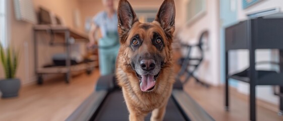 A German Shepherd dog jogging on a treadmill in a home environment with a woman in the background, highlighting pet fitness.