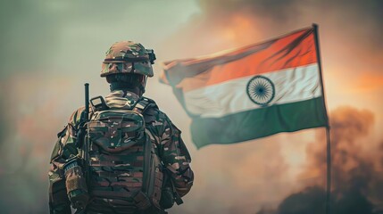 Clipart of an Indian soldier in traditional uniform, holding the national flag