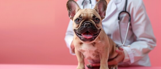 A French Bulldog enjoys a checkup with a veterinarian, highlighting pet healthcare in a vibrant pink setting.
