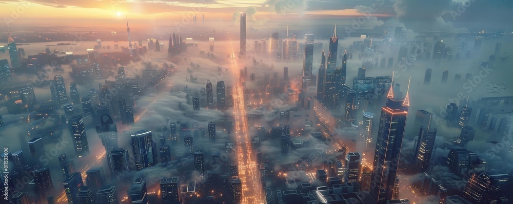 Poster concept art of a megacity with ai - driven urban planning algorithms