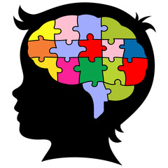 Brain Puzzle Child Head Silhouette Colorful Pieces Vector Illustration Icon