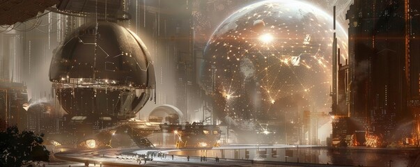 concept art of an urban center with dyson sphere energy collectors