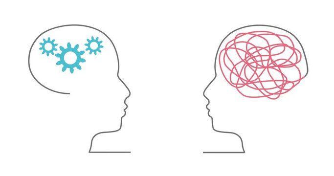 Personal growth and development. Unraveling tangled tangle. Business and education concept. Metaphor of problem solving, chaos and mess, difficult situation. Teaching word connected with human heads