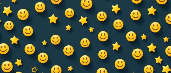 Smiley emoji surrounded by positive symbols, representing feedback rating and customer satisfaction.