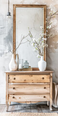 Rustic dresser with Scandinavian decor and copyspace for text.