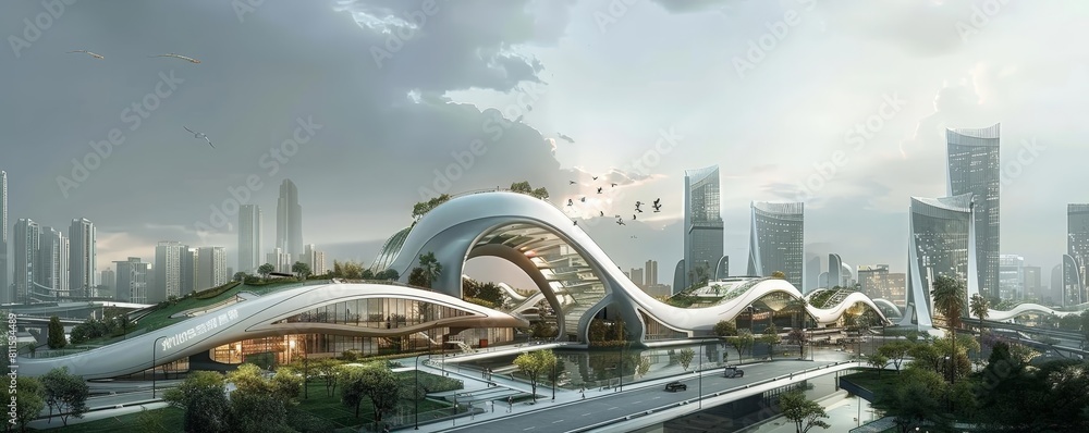 Poster concept art of the future with technologically advanced urban buildings featuring a tall building an