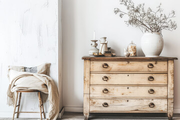 Rustic dresser with Scandinavian decor and copyspace for text.