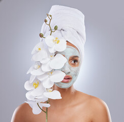 Orchid, woman and face mask for skincare, cosmetic and facial treatment on white background....