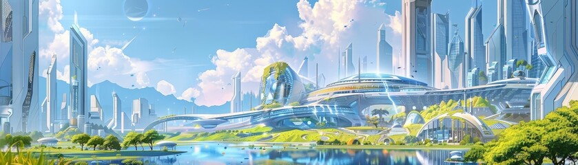 concept illustration of the future with futuristic buildings and green spaces