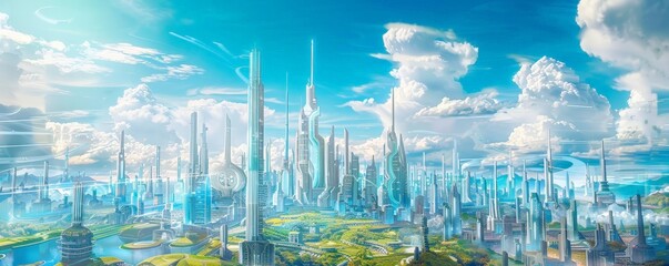 concept illustration of the future with megapolis buildings and digital landscapes