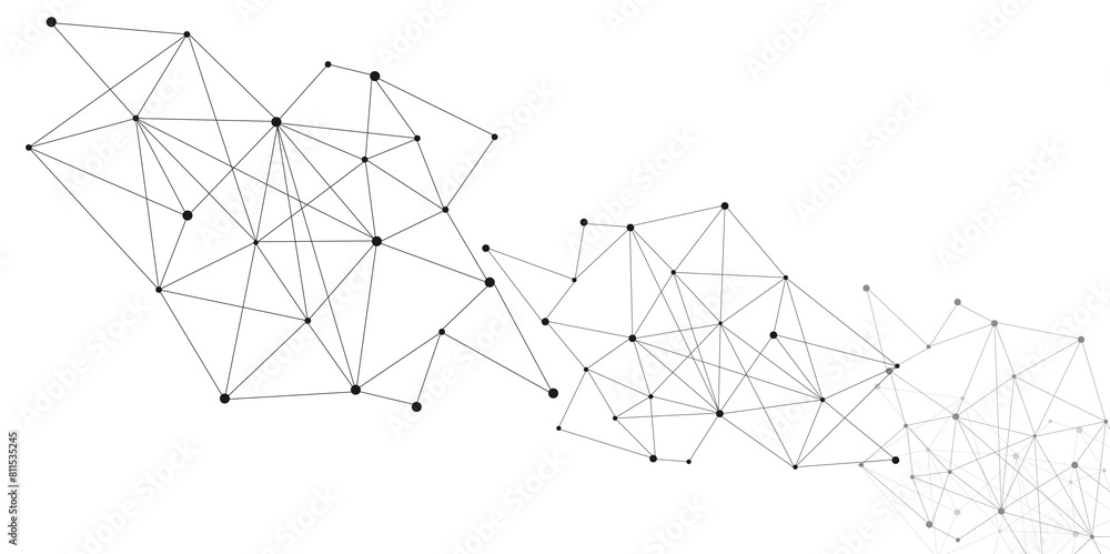 Poster Grey graphic background dots with connections technologies and sharing data as abstract concept.