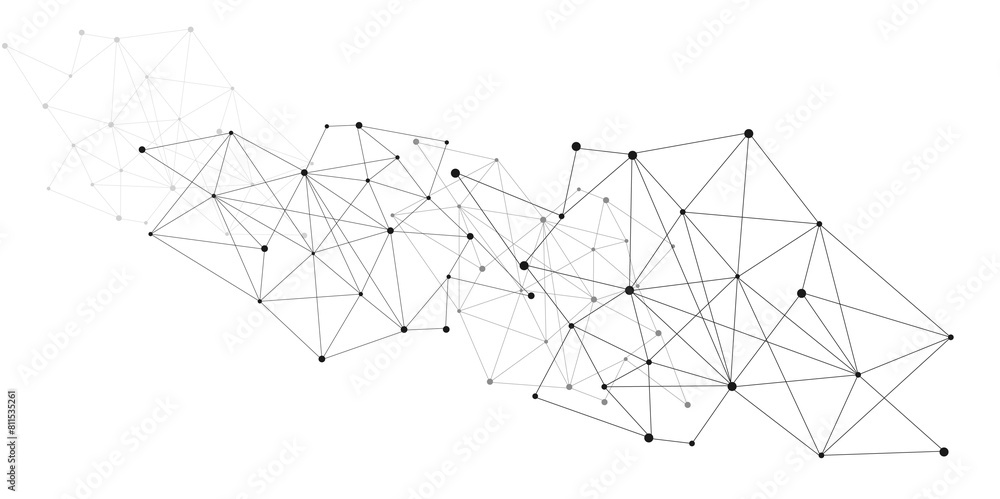 Poster Grey graphic background dots with connections technologies and sharing data as abstract concept.