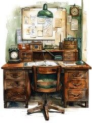 A watercolor painting of a vintage wooden desk with a green lamp, books, papers, and a rotary phone. The desk is in front of a corkboard with maps, notes, and a clock.