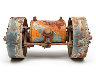 Vintage-style road roller with a rustic finish, focusing on aged metal textures and old-fashioned mechanics, against white