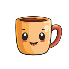 Cute cartoon mug of coffee, orange mug with smiling face isolated with no background