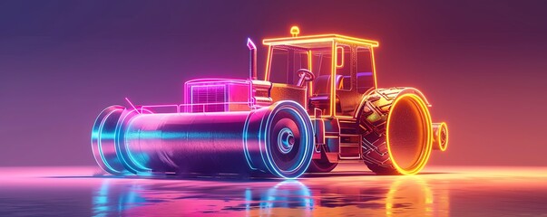 Neon outline of a road roller against a subtle grey gradient, glowing lines defining its solid structure on a white backdrop
