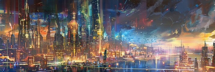conceptual painting of a cityscape with nanoscale construction bots, featuring a towering skyscraper, a bustling street, and a bustling river