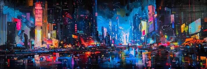 conceptual painting of a cyberpunk scene with neon - lit megapolisted buildings in the background