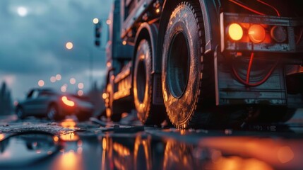 Close-up Tow truck loading damaged vehicle on side of road, AI generated image