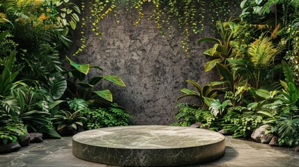 The image is a 3D rendering of a stone pedestal or stage in a lush green jungle setting.