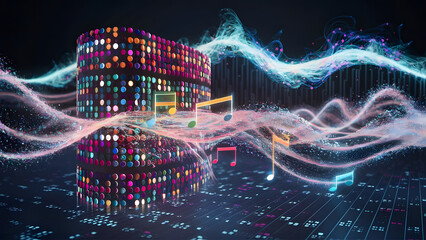 Structured database. Abstract digital wave particle. Digital music background. Sound vibrations. Futuristic dotted wave. Big data analytics. 3D illustration of nano particles in cyberspace