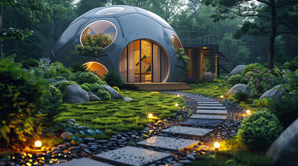 Geodesic dome house with a futuristic lawn and a glowing, neon pathway