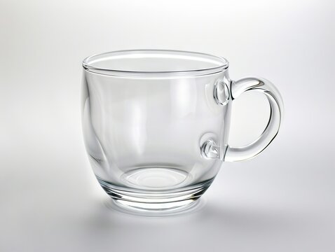 A clear glass mug with a handle on a white background.