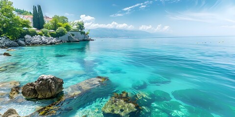 Tourists are attracted to Croatia's stunning Adriatic coast, Opatija Riviera, and Kvarner region. Concept Tourist attractions, Croatia, Adriatic coast, Opatija Riviera, Kvarner region - obrazy, fototapety, plakaty