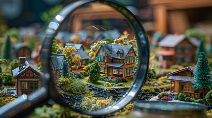 Closeup of Magnifying Glass Over Model Houses,
Examining the charming details of colorful mini model houses under magnification