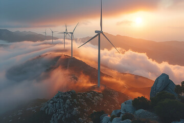Close-Up Photo of Wind Generators Spinning,
Wind Turbines on Rolling Hills at Sunset Panorama Resplendent

