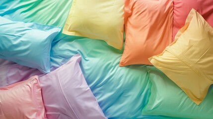A bed with colorful pillows and blankets.