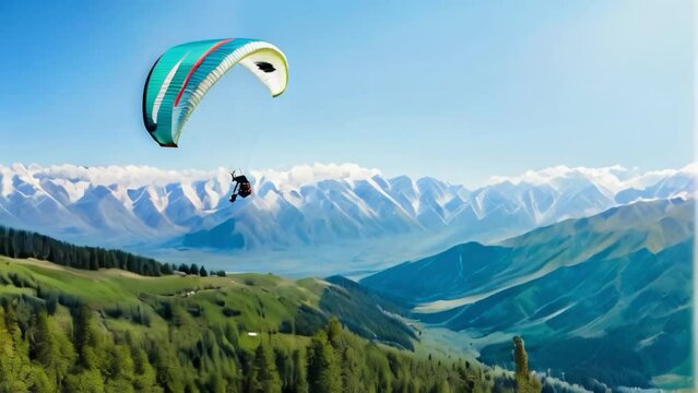 A paraglider flies a paraglider over green coniferous trees-