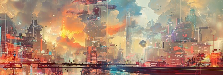 digital art depicting a futuristic urban hub with reality - altering techs, featuring a towering skyscraper, a bustling street, and a bustling river