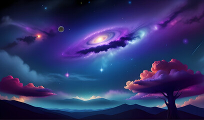 Nebula wallpaper space landscape and Cosmic tree colorful galaxies stars in space.Night sky Abstract cosmos background
