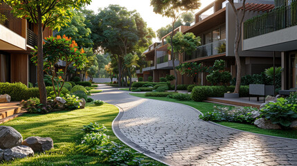 Luxury townhouse with a small lawn and a paved, curved driveway