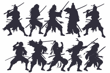 Set Of Silhouette Samurai With Katana
