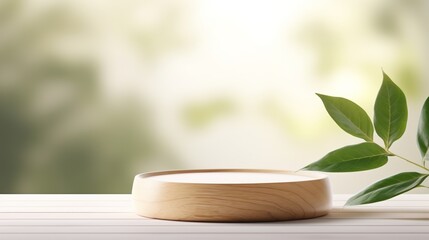 Round wooden podium with green leaves on a white table against a blurred background