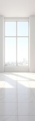 The sun shines through a large window in an empty room with white marble floor.