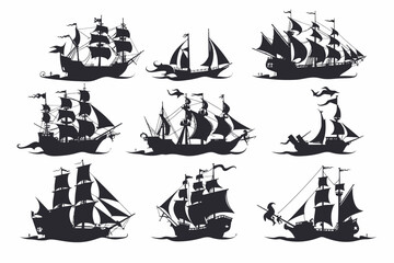 Set of Pirates Ship Silhouette