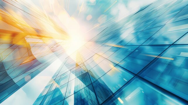 The image shows an abstract cityscape with blue and white skyscrapers reaching up to the sky.