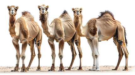 Collection of Three Dromedary Camels Portrait,
Image of family group of camel on white background Wildlife Animals Illustration