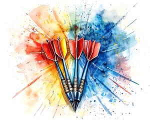 Watercolor painting of three darts hitting the center of a dartboard. The darts are red, yellow, and blue. The dartboard is surrounded by a colorful explosion of paint.