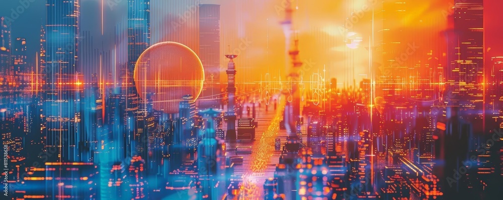 Poster digital art showing a futuristic city with quantum computing technology